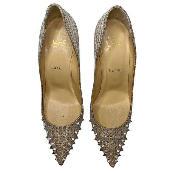 Christian Louboutin Spikyshell 100 Pumps Nude Gold Lurex High Heels Size 39.5 - Picture 4 of 11